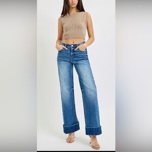 Tummy Control High Rise Wide Cuffed Ankle Denim